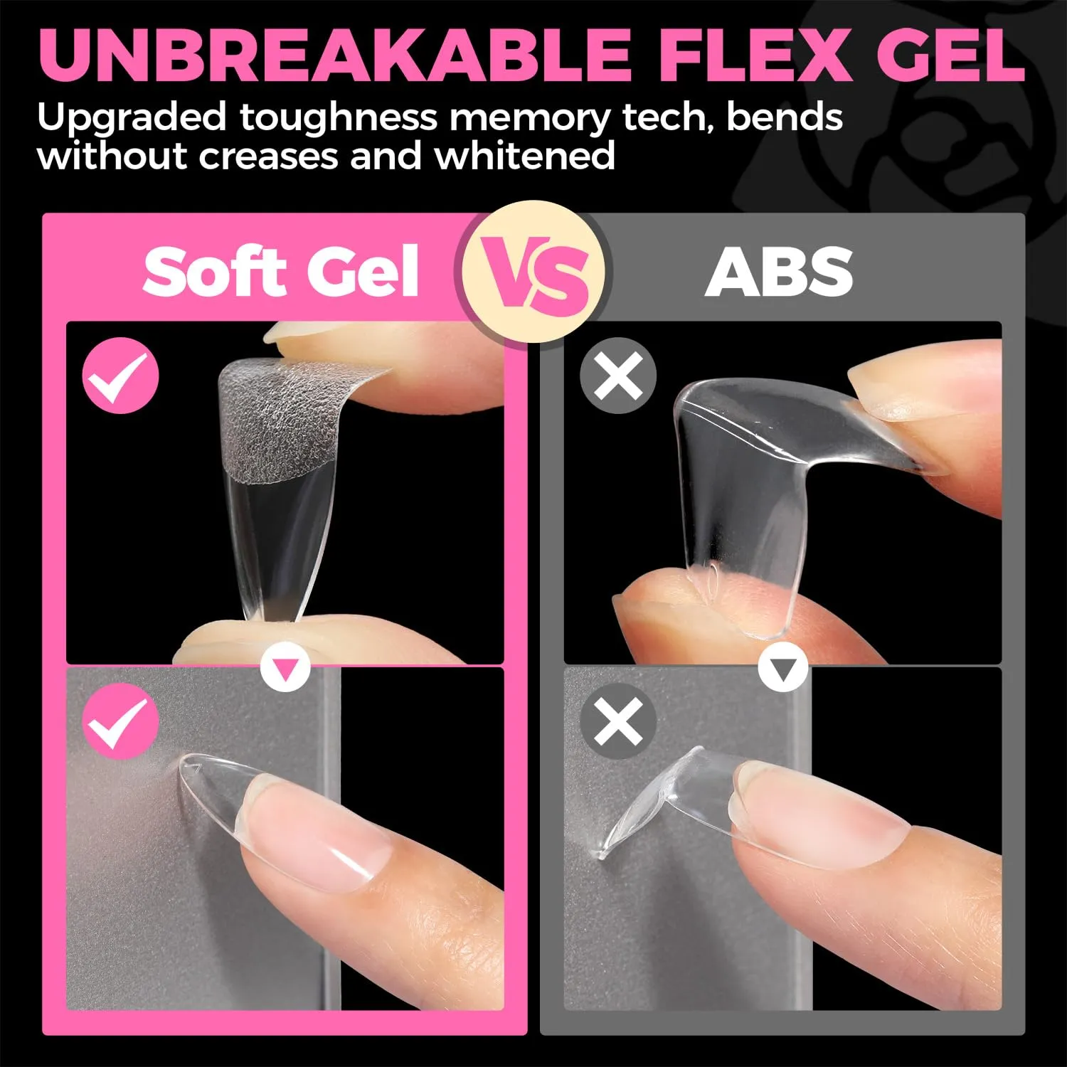 UNA GELLA soft gel nail tip flexibility comparison graphic