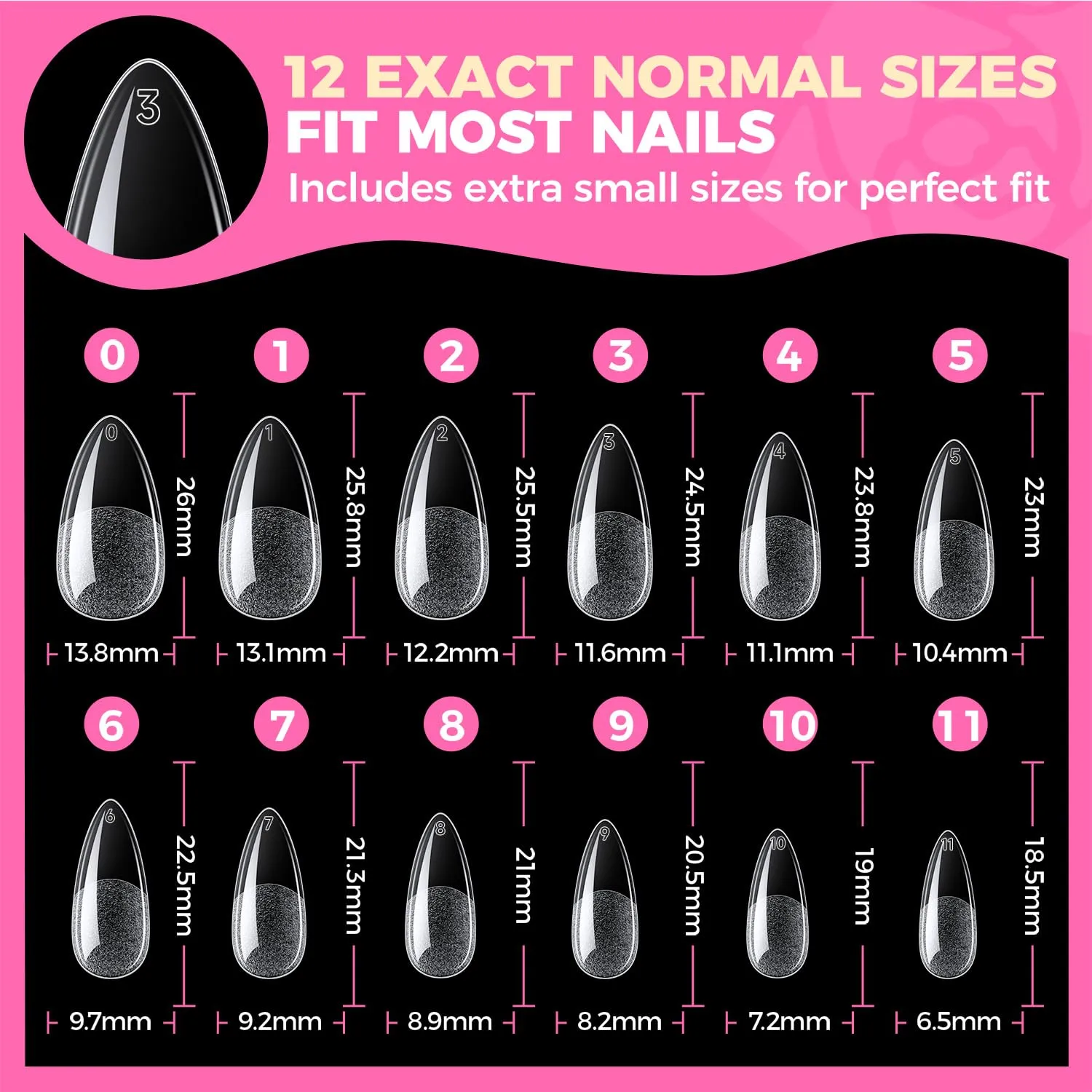 UNA GELLA almond gel nail tips size chart with twelve sizes