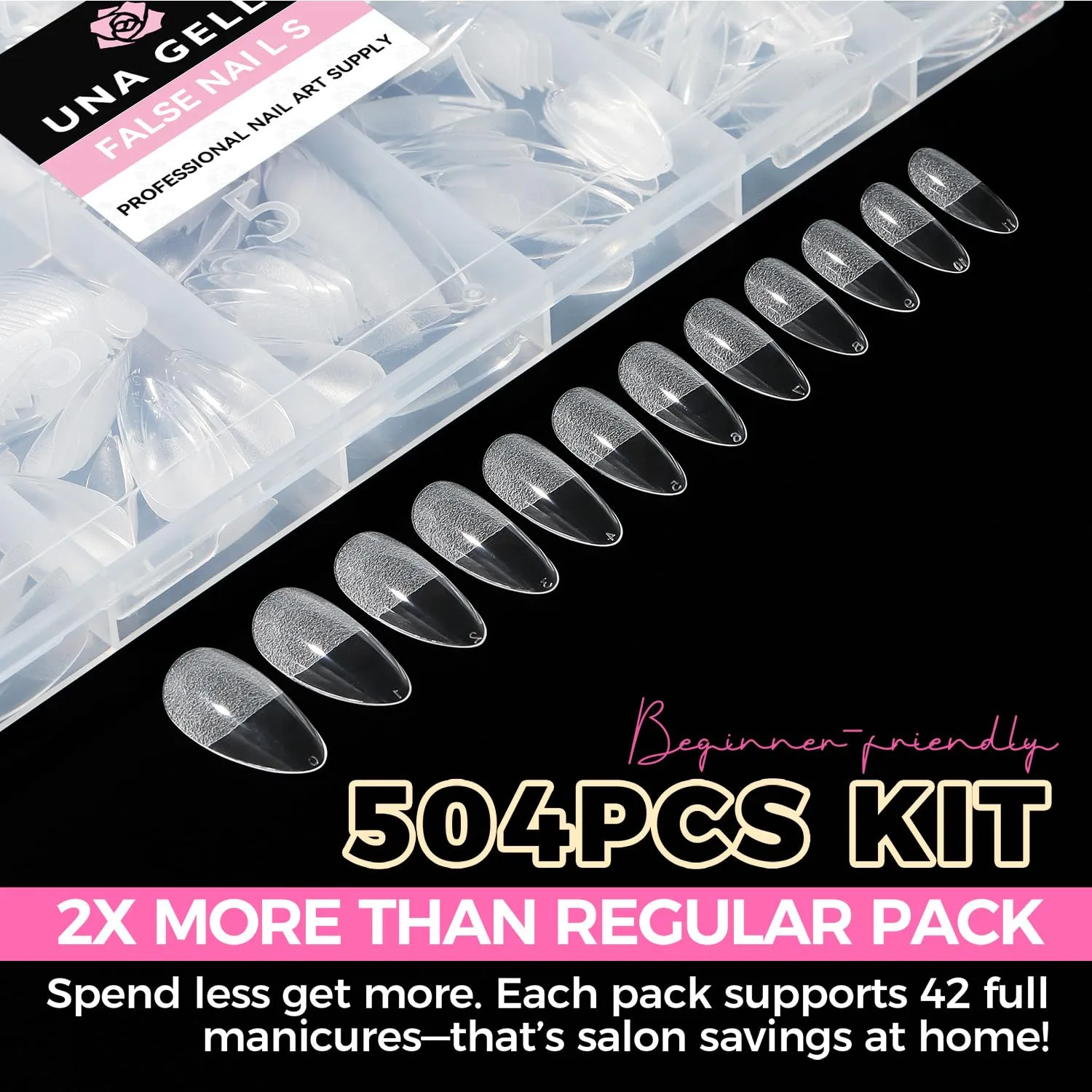 UNA GELLA almond nail tips kit arranged with clear nail tip sizes