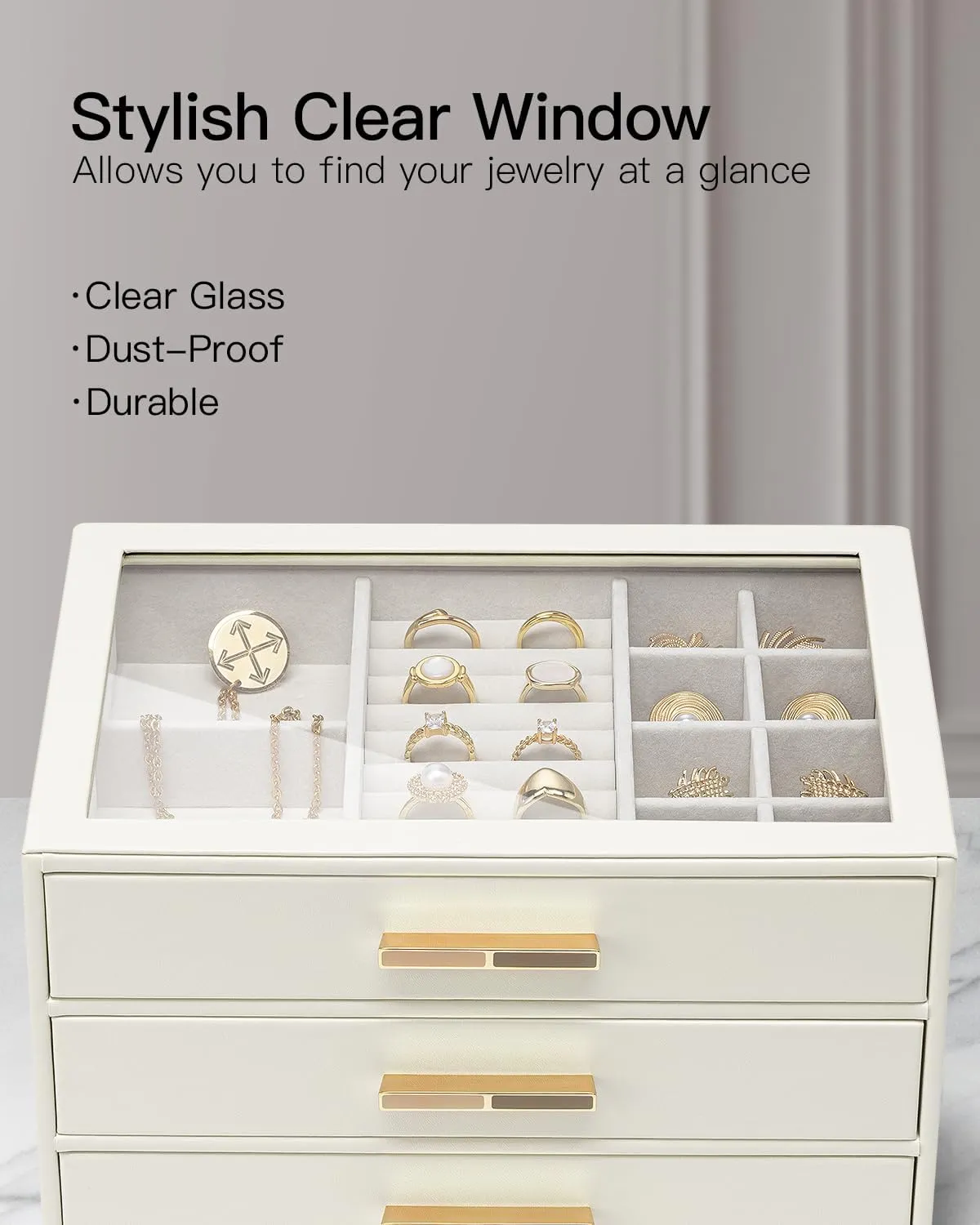 VLANDO jewelry box clear window and gold handles