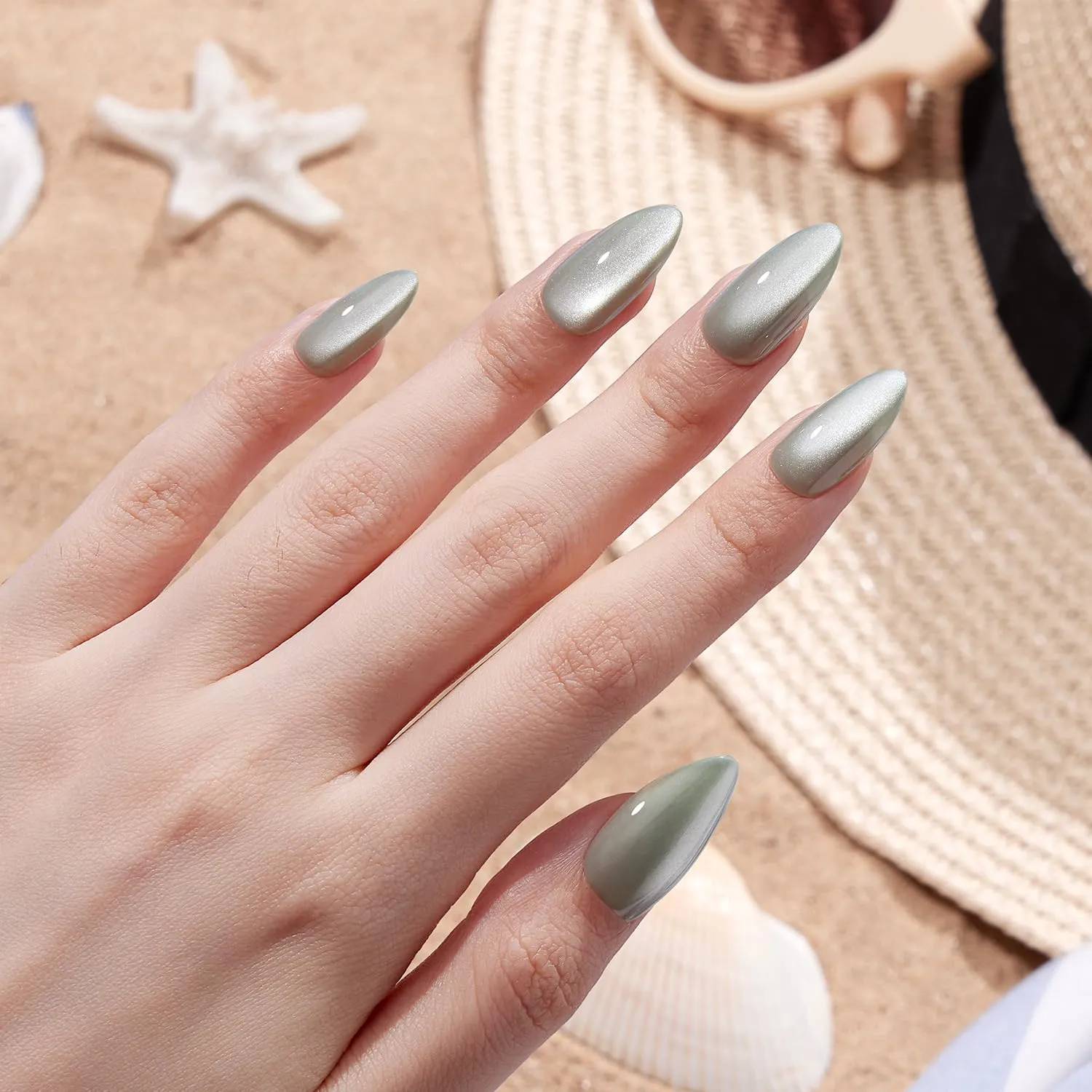 VSALON green press-on nails size chart with 32 nails in 16 sizes