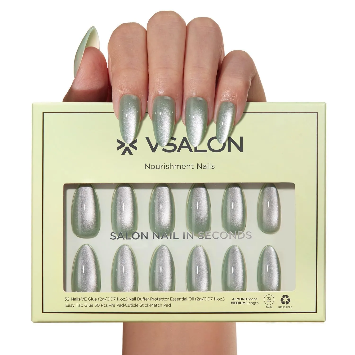 VSALON green holographic cat eye chrome press on nails kit