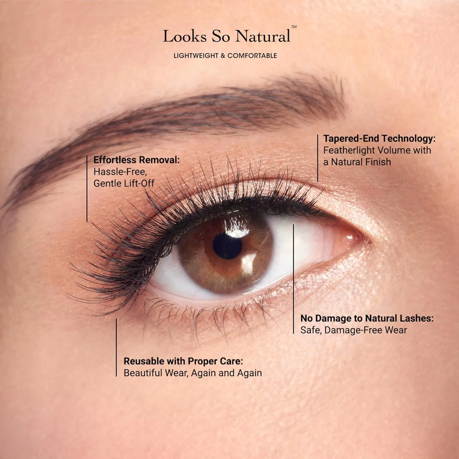Close-up eye wearing natural-looking lashes with wear and removal feature notes
